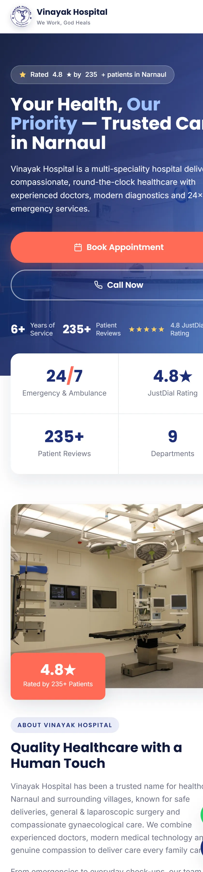 The Vinayak Hospital website we built, shown on a phone